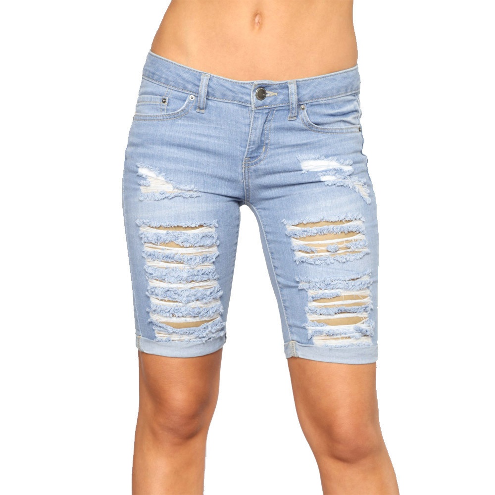 SZ60167-2 Mid Rise Wash Denim Destroyed Shorts